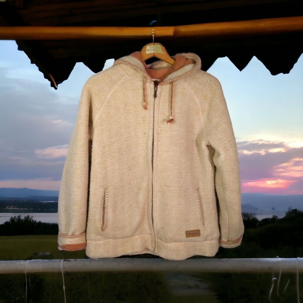 Weird Fish Women’s Shaggy Fleece Hoodie Jacket Size 12 Beige Full Zip Hooded
